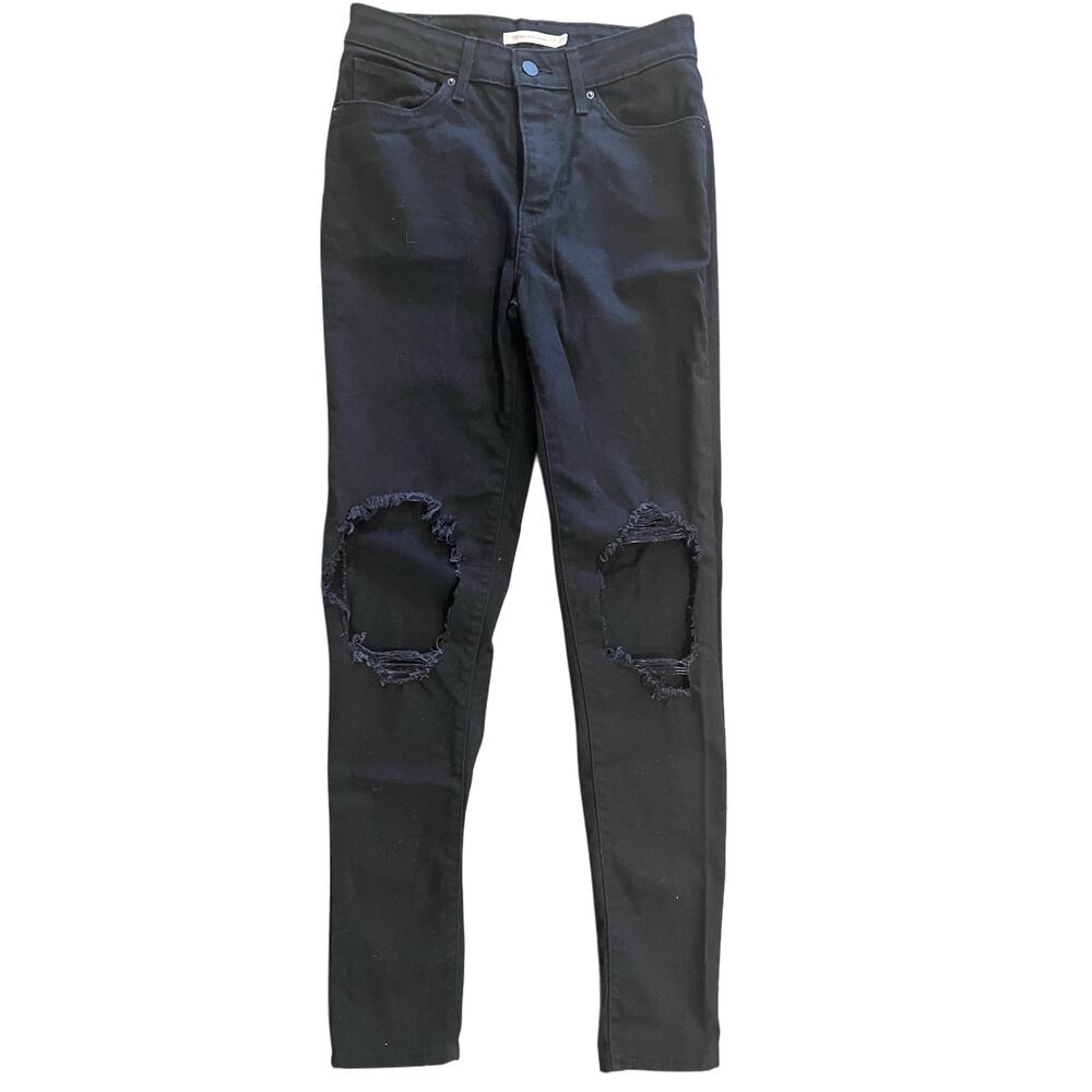 Levi's 721 High Rise Skinny Black Distressed Ripped Knee Jeans Size 27